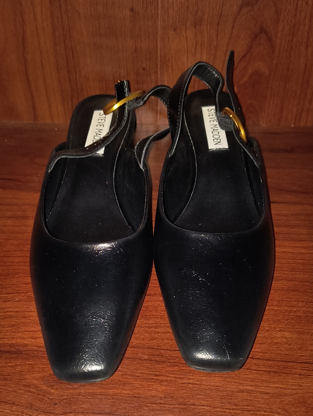 Steve Madden Black Leather Slingback Mules with Gold Buckle Accent